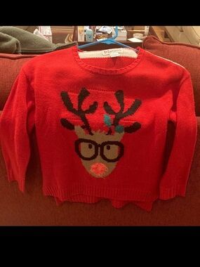 Red Reindeer Holiday Sweater. Cotton Emporium. Candy cane back Size 10/12 Kids M